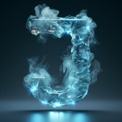 Abstract 3D render letter J made of block of ice on dark blue grey background. Logo Letter J from ice block with steam around. Design clipart element. Poster, Wallpaper. 3D illustration render.