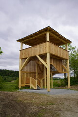 Bird watching tower on the leisure island Bad Abbach market opened on April 23, 2024. Kelheim district, in the Danube valley. Germany.