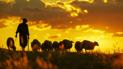 A shepherd in traditional clothing herding sheep against a vivid sunset in a rural landscape. - obrazy, fototapety, plakaty
