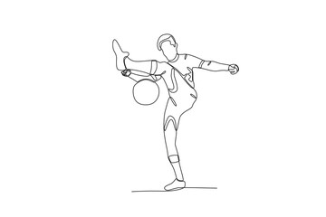 One continuous line drawing of young Football players are juggling the ball. Football freestyle sport concept. Single line draw design vector illustration
