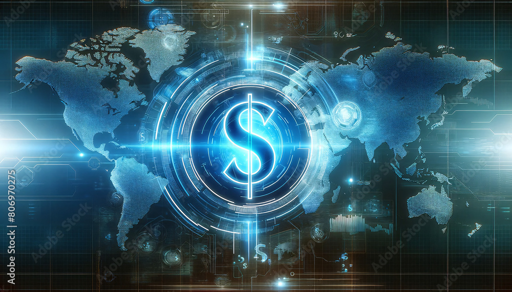 Poster a futuristic digital world map displaying global financial data, highlighted with a holographic disp