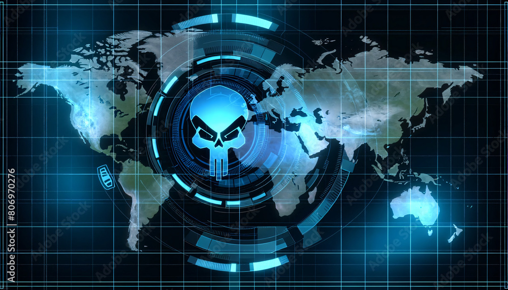 Poster a futuristic digital world map display featuring a prominent, stylized skull symbol encircled by a d