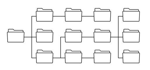 File management concept. Computer files directory, line pattern. Folders organised in a system of storage. Scheme made from empty maps. Folder with network. Computing map. Data storage.