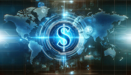 Obraz premium A futuristic digital world map displaying global financial data, highlighted with a holographic display