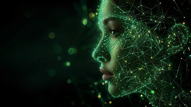 Poster of Digital woman head with neurons glowing, Artificial Intelligence concept. Abstract illustration of a head with glowing and fire shining, machine learning. Mental health care, ezoteric theme