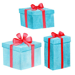 Set of three blue gift boxes with red bows isolated on white background. Cute baby hand drawn illustration for greeting cards, kid posters, decor