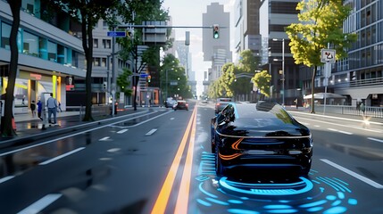 An AI-driven autonomous vehicle navigating city streets with precision, representing the...