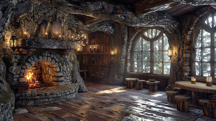 a rustic cabin interior with a stone fireplace and a podium carved from a single log