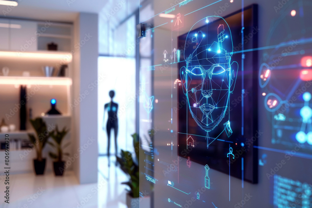 Poster modern security interface with advanced face recognition technology overlays a holographic 3d model 