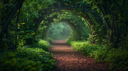 Serene walkway under a natural archway of intertwined branches in a lush, secluded woodland area.