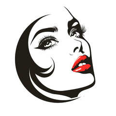 a black and white drawing of a woman s face with red lips