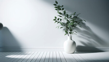 A minimalist interior design of a large white ceramic vase holding a green leafy plant