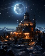 Fantasy winter landscape with mountains and moon. 3D illustration.