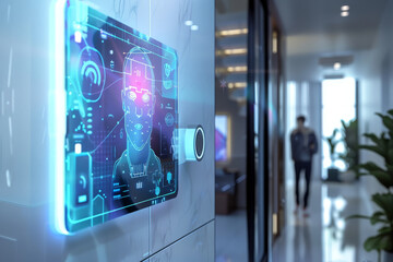 Futuristic face recognition security system at work with holographic interface. Scanning for identity verification in a high-tech corporate environment