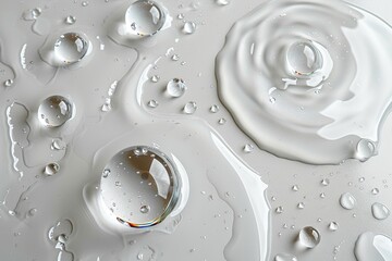 Crystal-clear water droplets with tiny air bubbles, captured in a close-up flat lay on a pristine white background.
