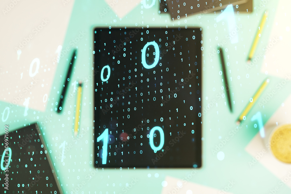 Aufkleber creative abstract binary code sketch and modern digital tablet on background, hacking and matrix con