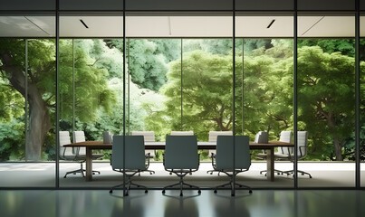 Fototapeta premium View of empty conference room in minimalist style with glass wall and garden view.