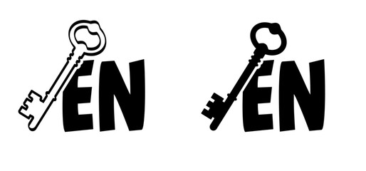 Cartoon slogan open with key symbol. Open house. For open or unlock the door.