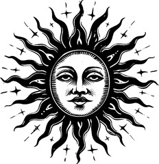 Sun gothic tattoo icon, y2k aesthetic, vector 90s vintage glam, black and white urban print. Monochrome vintage photocopy effect. Vector illustration for grunge punk surreal poster