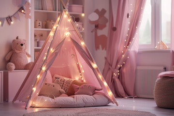 Warm and inviting children's room featuring a stylish play tent adorned with twinkling fairy lights, plush toys, and a soft rug, creating a magical and playful atmosphere