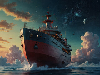 Obraz premium Majestic Ship Under Starry Night Sky