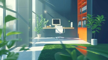 A modern office with a large window, a desk, a chair, and a few plants