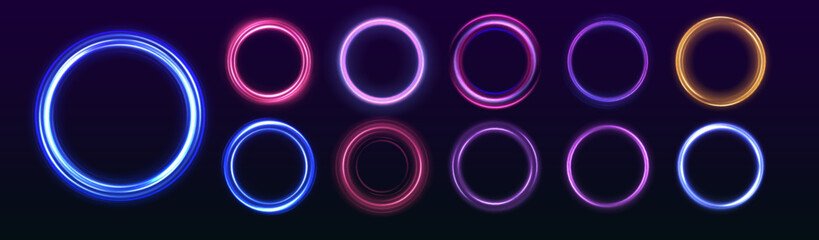 Set of neon blurry light circles at motion . Vector swirl trail effect. Abstract vector fire circles, sparkling swirls and energy light spiral frames.	