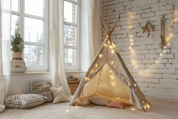 Bright and inviting children's room featuring a playful tent adorned with sparkling fairy lights, situated by a large window with a view, creating a magical play space for kids