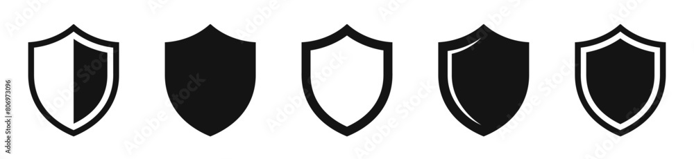 Poster shield icons set. protection, safety and security shield shape. simple shield in different styles - 