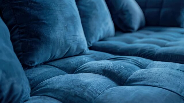 A blue couch with pillows on it. The couch is made of a blue fabric and has a pattern on it. The couch looks comfortable and inviting