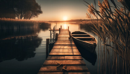 A serene lakeside scene at sunset. The focus is on a rustic wooden dock extending into a calm lake, flanked by tall reeds