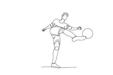 One continuous line drawing of young The football player will shoot the ball. Football freestyle sport concept. Single line draw design vector illustration
