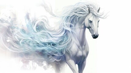 Obraz na płótnie Canvas Spectral unicorn guardian watercolor illustration - Generative AI. White, unicorn, horn, mane.