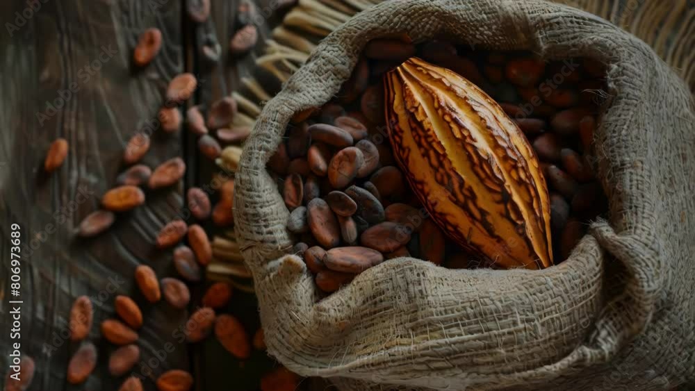 Poster a bag of cacao beans is on a table with other beans. the cacao beans are brown and have a unique sha