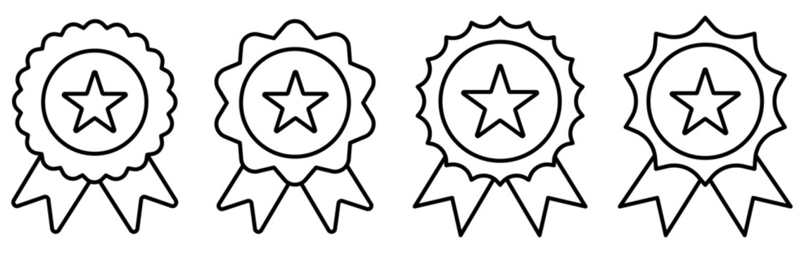 Linear premium quality award badge with star collection. Rosette line icon set. Medal symbol group. Vector illustration isolated on white.