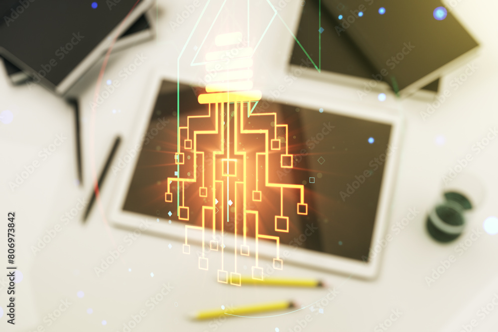 Poster creative light bulb with chip hologram and modern digital tablet on background, artificial intellige