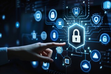 Fototapeta premium Employ a digital shield and virtual lock security with SSL encryption to safeguard your technology and online apps.