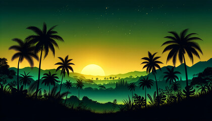 Fototapeta premium A serene tropical silhouette scene featuring palm trees and various other tropical plants against a vibrant sunset