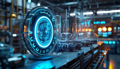 Minimalist design of a carbon neutrality timer, 3D digital display, set in a futuristic lab