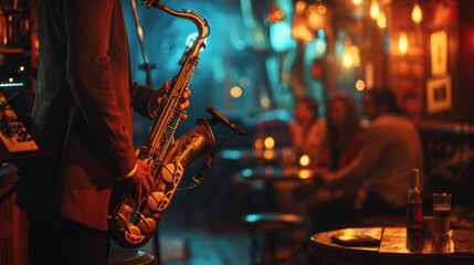 Close-up view of a saxophonist performing in a vibrant jazz club, with blurred patrons in the background enjoying the night.