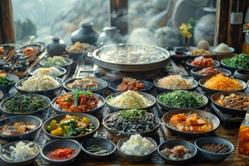 a culinary journey with a table set with various bowls of Asian cuisine, each dish a testament to the region's rich gastronomic heritage. - obrazy, fototapety, plakaty