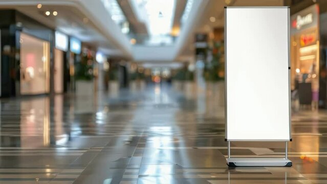 A white sign is standing in a large, empty shopping mall