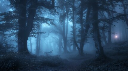 Fototapeta premium An ethereal night in a dense forest, with trees shrouded in blue fog under the soft glow of moonlight, creating a mystical atmosphere.