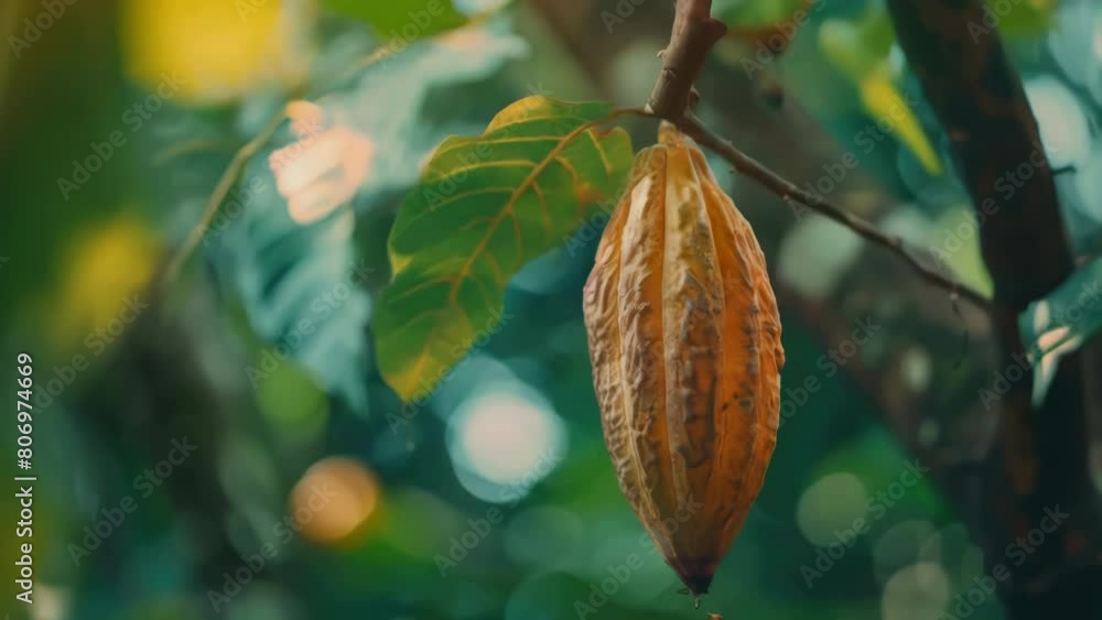 Poster a large brown cocoa bean is hanging from a tree. the leaves are green and the tree is lush and full