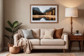 Warm and cozy living room interior with mock-up frame, sofa, and wooden furniture in a perfect composition.