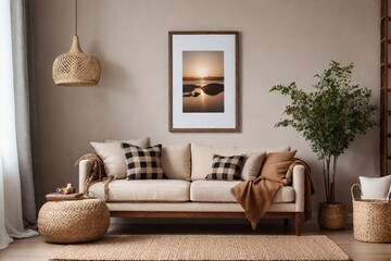 Warm and cozy living room interior with mock-up frame, sofa, and wooden furniture in a perfect composition.