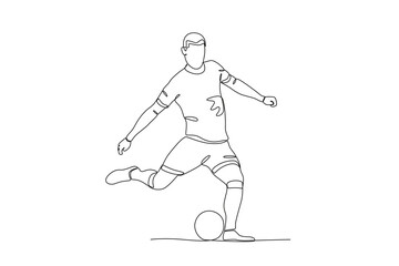 Naklejka premium One continuous line drawing of young The football player will shoot the ball. Football freestyle sport concept. Single line draw design vector illustration 
