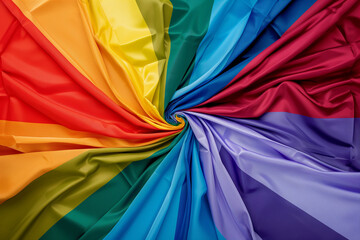 colorful fabric texture, At the heart of the poster, the rainbow flag unfurls in all its vibrant glory