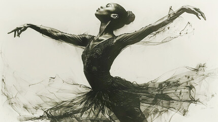 Black charcoal pencil drawing of a young active ballet dancing lady in white background with live performance