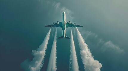airplane emitting carbon dioxide environmental impact of air travel sustainable transportation concept